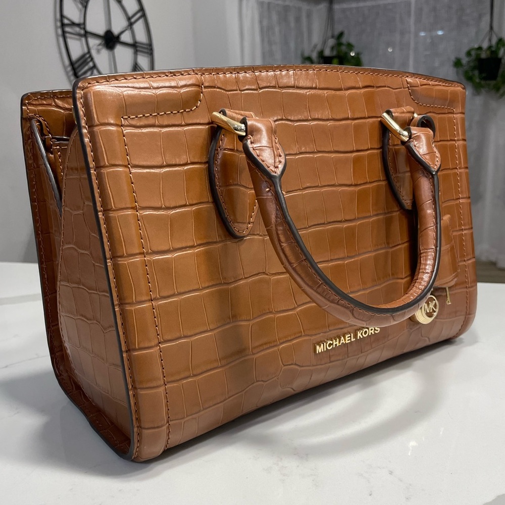 Michael Kors Croc Embossed Leather Zoe Satchel Handbag Chestnut